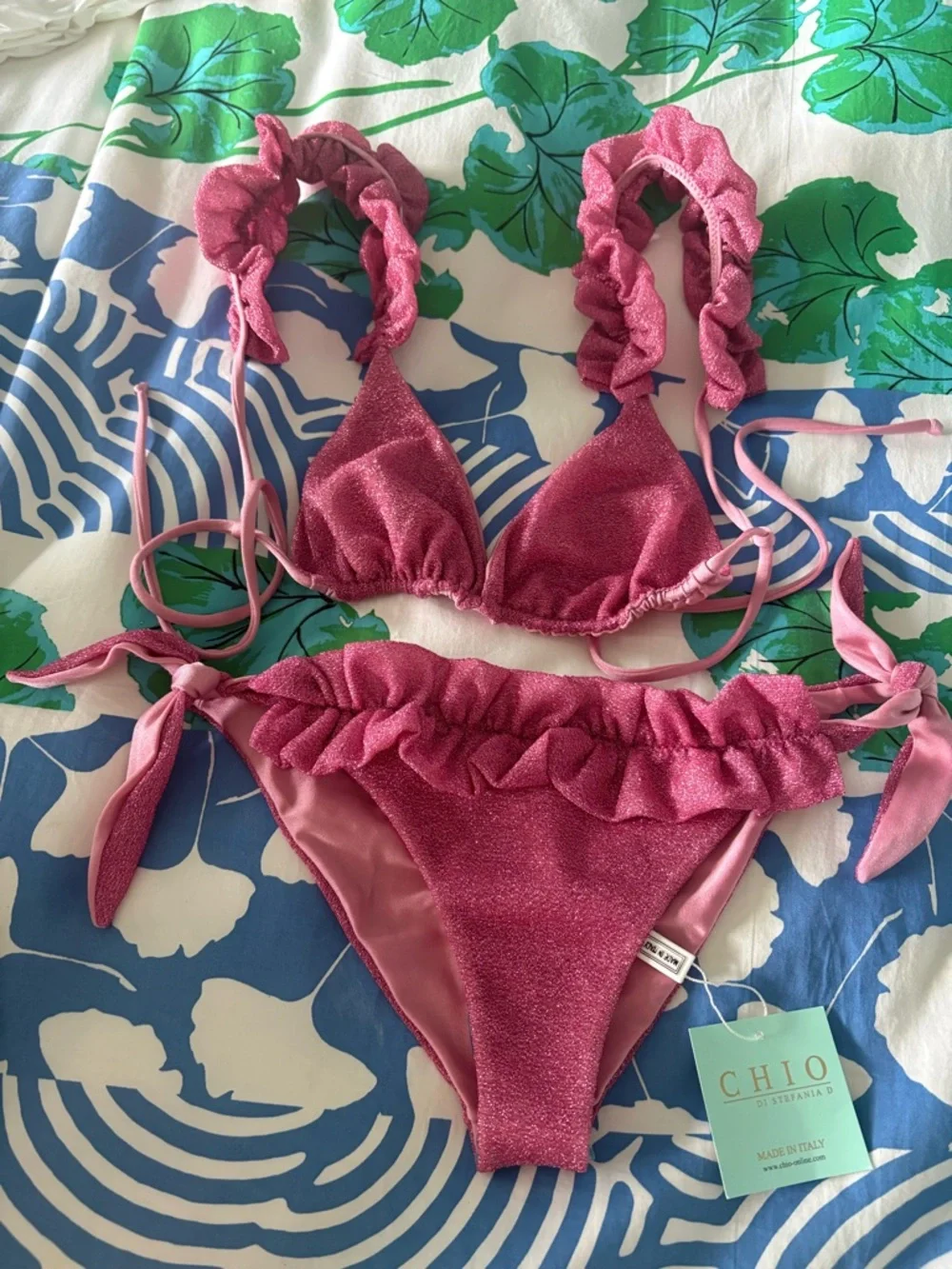 NWT REVOLVE Made in Italy Chio luxury Ruffled Rose Pink Bikini Set, medium - Picture 7 of 9